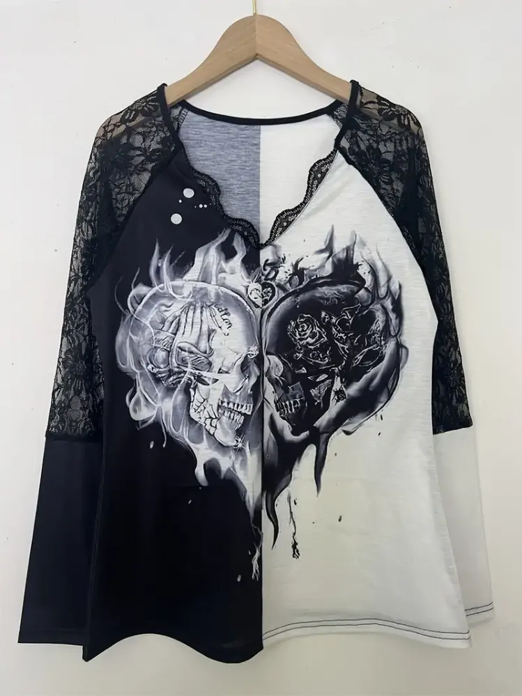Tričko Skull Black White Hearts